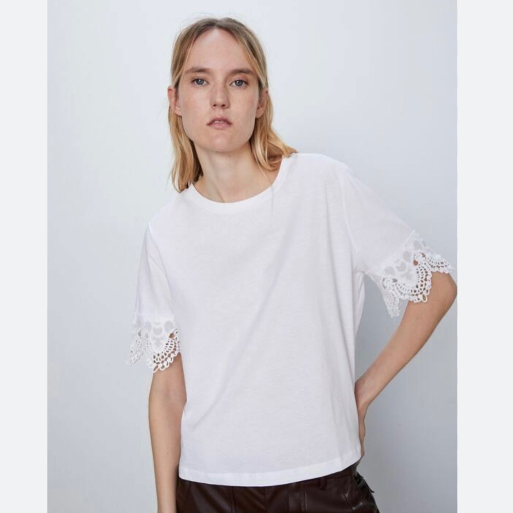 Zara Lace Sleeve T Shirt Women’s M White Cotton Modern Feminine Edgy Whimsical
